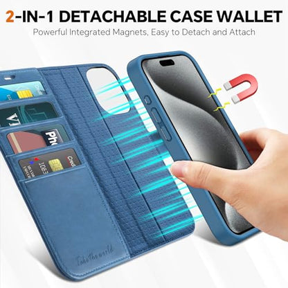 TUCCH 2-in-1 Removable Wallet Case for iPhone 15 Pro Max (6.7"), Light Blue | RFID Blocking, 4 Card Holders, Kickstand, Wireless Charging, Shockproof TPU, PU Leather, Magnetic, Flip Cover - color: Lake Blue (2-in-1 Detachable)