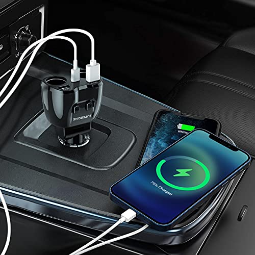Cigarette Lighter Splitter, SUPERONE 180W 2-Socket Adapter with PD USB-C - color: Black