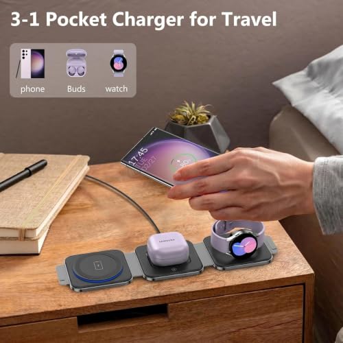 Travel Charger for Samsung Multi Devices, Foldable 3 in 1 Wireless Charging Station Fast Charging Stand/Pad Compatible for Samsung Galaxy S26/S25/S24/S23/Note20 Galaxy Watch8/7/6/Galaxy Buds4(Grey - color: black grey