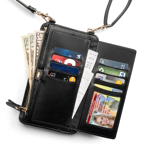 Crossbody Phone Purse for Women – RFID Phone Case Wallet w/Magnetic Closure & Separate Zipper Pocket Crossbody Bag - color: Black /Pattren