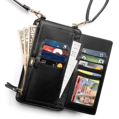 Crossbody Phone Purse for Women – RFID Phone Case Wallet w/Magnetic Closure & Separate Zipper Pocket Crossbody Bag - color: Black /Pattren