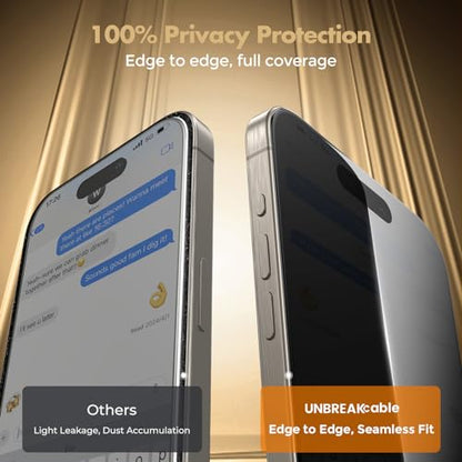 UNBREAKcable Privacy Screen Protector for iPhone 15 Pro Max, Full Coverage Shatterproof Tempered Glass[True 28°Anti Spy][9H Hardness][Easy Installation Frame]2-Pack Private Screen for iPhone 15 ProMax - size: iPhone 15 Pro Max