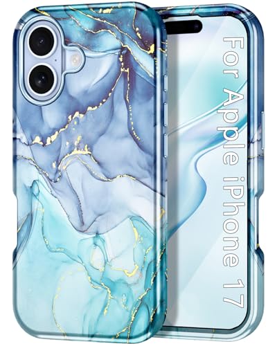 Btscase Compatible with iPhone 17 Case 6.3 Inch 2025,Marble Pattern 3 in 1 Heavy Duty Shockproof Full Body Rugged Hard PC+Soft Silicone Drop Protective Women Girl Phone Cases, Blue Cyan - color: Blue Cyan, size: iPhone 17