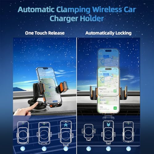 Car Phone Holder Mount, Wireless Car Charger with Auto Clamping, Dashboard Phone Mount and Windshield Holder, Extendable 360 Degree Arm, Washable Gel Suction Cup, Fits Most Smartphones - size: Universal | Auto Charge