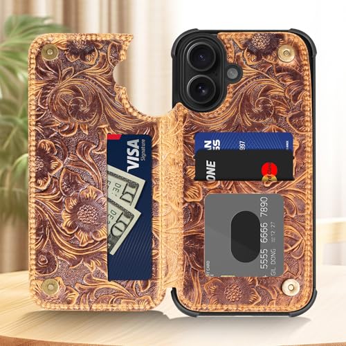 Wallet Real Leather Case Compatible with iPhone 17 6.1" Brown | Genuine Leather,Shockproof, Anti-Fall Case,Flip Cover,with Card Slot,Double Magnetic Buckle,Kickstand,RFID Blocking Brown - color: Brown, size: 6.1"-17