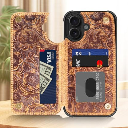 Wallet Real Leather Case Compatible with iPhone 17 6.1" Brown | Genuine Leather,Shockproof, Anti-Fall Case,Flip Cover,with Card Slot,Double Magnetic Buckle,Kickstand,RFID Blocking Brown - color: Brown, size: 6.1"-17