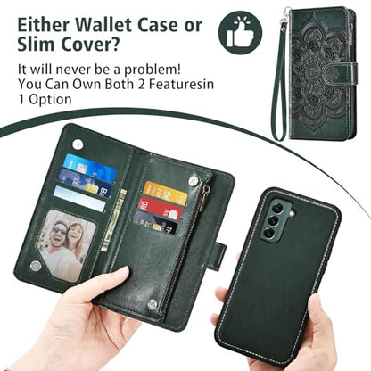 Asuwish Phone Case for Samsung Galaxy S22 5G Zipper Wallet Magnetic Cell Cover with Tempered Glass Screen Protector Crossbody Lanyard Strap Flower Card Holder S 22 22S 4G G5 6.1 inch Women Dark Green - color: Dark Green