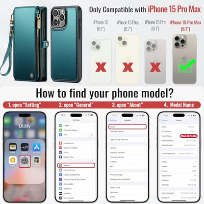 Defencase for iPhone 15 Pro Max Case Wallet Compatible with Magsafe, Green | Drop-Proof Magnetic Detachable Phone Cases Cover, with RFID Bolcking Card Holder, Zipper Strap, PU Leather, Removable Wallet - color: (Detachable with Magsafe)-Blue Green