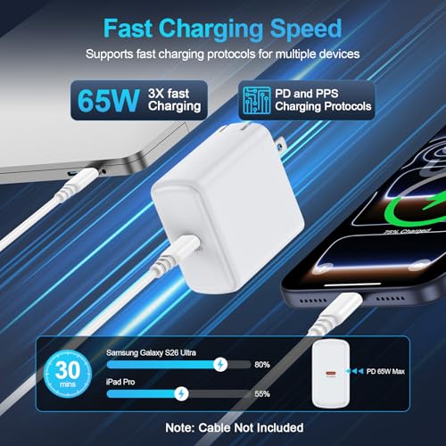 Samsung 65W Super Fast Charger Foldable Wall Charger USB C Plug for Samsung - color: White