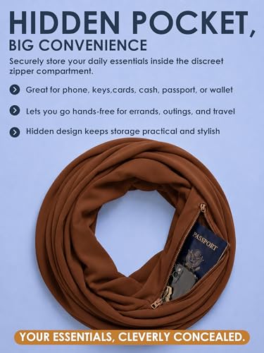 Pop Fashion Solid Color Hidden Zipper Pocket Scarf - Fashion Scarf for Women - All Seasons - color: Brown