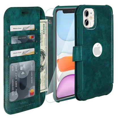 VANAVAGY Wallet Case for iPhone 11 6.1 inch, Midnight Green | 12ft Drop-proof Cover for Women Men, Silm PU Leather, RFID Blocking Card Holder, Wrist Strap, Screen Protector - color: Midnight Green