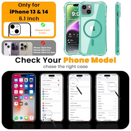 WRJ Magnetic Clear for iPhone 13 Case,iPhone 14 Case,[Compatible with MagSafe][Military Grade Drop Protection] Transparent Full Body Shockproof Protective Phone Case-Mint Green - color: Mint Green, style: Transparent
