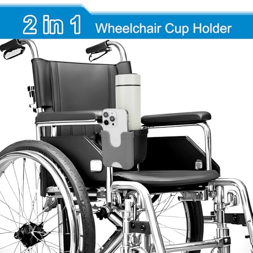 Accmor Wheelchair Cup Holder with Phone Holder, ﻿Universal 360° Rotatable Walker Cup Holder Rollator Scooter Accessory - color: Grey