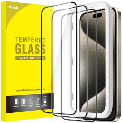 JETech Full-Coverage Screen Protector for iPhone 15 Pro Max, 3-Pack | Black Edge Tempered Glass, Easy Installation Tool, HD Clear, Case-Friendly - size: iPhone 15 Pro Max