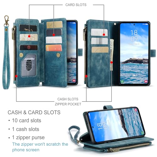 Compatible with Samsung Galaxy S24+ Plus Wallet Case with Card Holder Kickstand Magnetic Zipper Pocket Lanyard Strap Wristlet,Leather Flip Case Wallet for Galaxy S24+ Plus 5G 6.7 Inch(Blue) - color: Blue, size: S24+ Plus 6.7 Inch