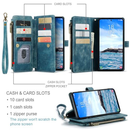 Compatible with Samsung Galaxy S24+ Plus Wallet Case with Card Holder Kickstand Magnetic Zipper Pocket Lanyard Strap Wristlet,Leather Flip Case Wallet for Galaxy S24+ Plus 5G 6.7 Inch(Blue) - color: Blue, size: S24+ Plus 6.7 Inch