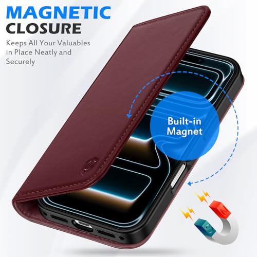 SHIELDON Genuine Leather Flip Wallet Case for iPhone 17 Pro 6.3", Wine Red | RFID Blocking, Credit Card Holder, Magnetic Closure, Kickstand, Folio Design, Soft Shock-Absorbent Phone Cover - color: Wine Red
