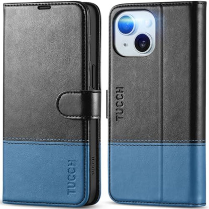 TUCCH Wallet Case for iPhone 15 (6.1"), 4 Card Holders, Black & Light Blue | RFID Blocking, Viewing Stand, Shockproof TPU Shell, PU Leather, Magnetic Closure, Protective Folio Flip Cover - color: Black & Light Blue