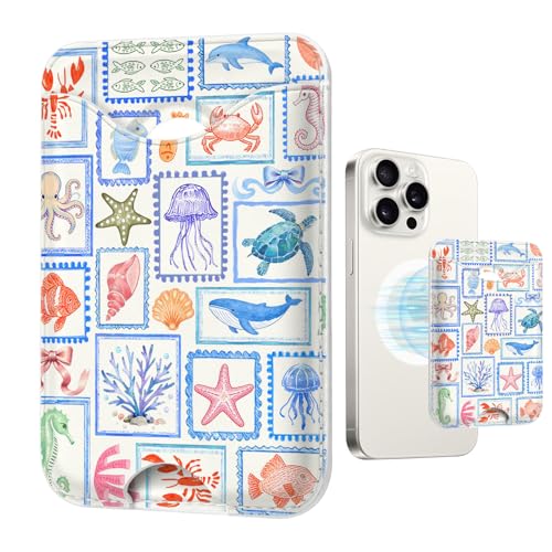Tropical Stamps Magnetic Wallet Compatible with Magsafe Wallets for iPhone 17/16/15/14/13/12 Series Pro Max Plus CPhone Sea Animals Card Holder Fit 3 Cards for Women Lether Ocean Postcard - color: Z-Ocean Postcard