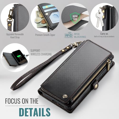 Defencase for Samsung Galaxy S25 Wallet Case with RFID Card Holder, Black | Durable Soft PU Leather, with Zipper Pocket, Wrist Strap, Fashion Snap Flip S25 Phone Cases Cover with Stand for Women Men - color: Black