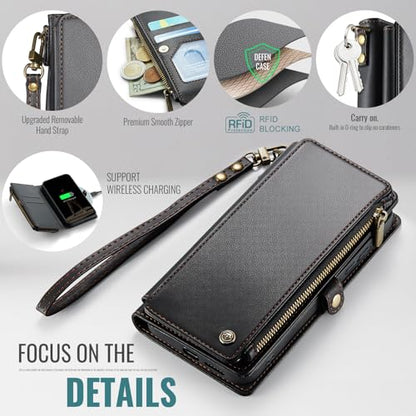 Defencase for Samsung Galaxy S25 Wallet Case with RFID Card Holder, Black | Durable Soft PU Leather, with Zipper Pocket, Wrist Strap, Fashion Snap Flip S25 Phone Cases Cover with Stand for Women Men - color: Black