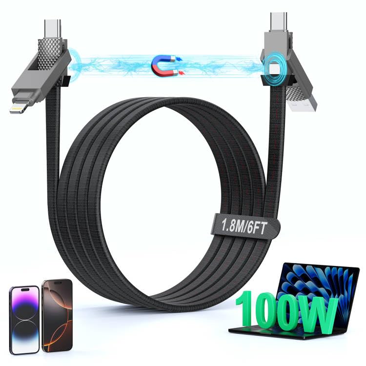 4-in-1 100W USB C Cable Lightning Charging Cable - 6FT Flat Braided Multi iPhone iPad Charger Cord with Lightning, USB-C for iPhone 15/16, Samsung, iPad, MacBook - Supports CarPlay and Android Auto