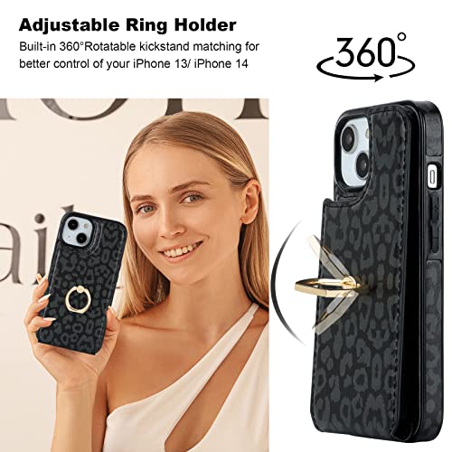 HAOPINSH for iPhone 13/ iPhone 14 Wallet Case with Card Holder, 360°Rotation Ring Kickstand, Black Leopard Cheetah Pattern, RFID Blocking Leather for Girls Women, Double Buttons Flip 6.1" - color: Black Leopard