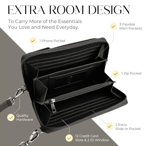 BULL GUARD Crossbody Bag for Women, Leather Phone Wallet Purse with Adjustable Anti Theft Strap & RFID Blocking 12 Card Slots - color: Xtraroom in Black Diamond Espresso