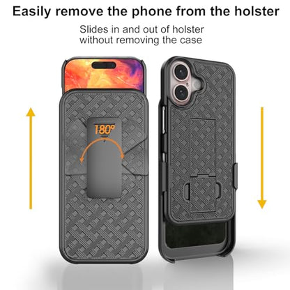 for iPhone 17 Stand Case, Belt Clip Holster Screen Protector-Black | Camera Lens Protector, Swivel Kickstand Holder, Slim Shell Pouch Full Body Protective, Rugged Shockproof Cell Phone Cover - size: iPhone 17