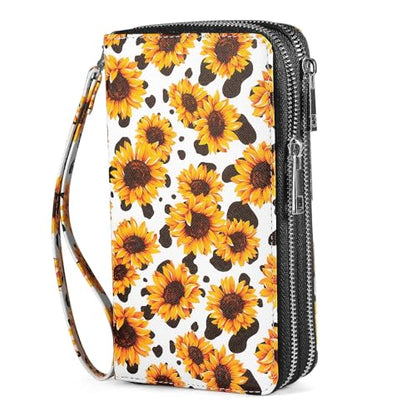RFID Wallet with Phone Pocket for Women - Double Zipper Wristlet Purse Large Capacity, 17 Card Slots, Coin Pocket, Cow Sunflower - color: Cow Sunflower