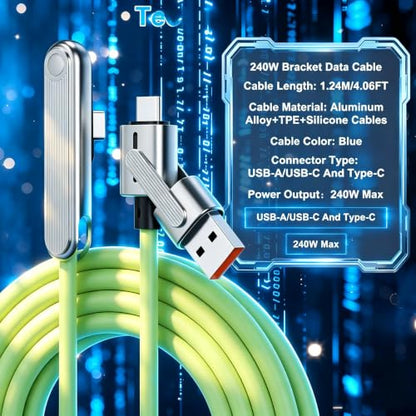 Fast Charger 240W Stand Silicone Data Cable with Invisible Holder 4FT 2-in-1 USB C/A to 90 Degree USB C Cable Charging Cord for Flat & Phone Suitable for Gaming Office and Travel