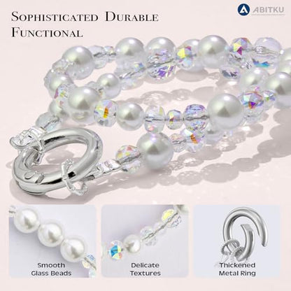 Phone Charm, Pearl Crystal Beaded Wrist Strap for Women, Hands-free, Drop-proof and Anti-theft, Detachable, with Tether Tab & Black Lanyard Strap - color: Pure White