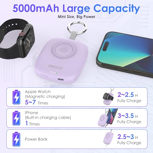 Small Portable Charger 5000mAh,iWatch Wireless Charger Mini Power Bank with Built-in Cable,Travel Keychain Charger for Apple Watch 11/10/9/8/Ultra/7/6/Se/5/4,iPhone 17/16/15/14/13/12,Android Phone - color: Purple