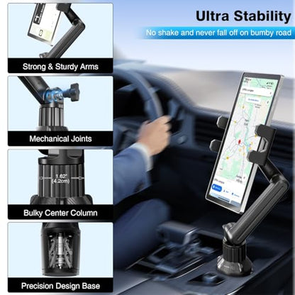 Cup Holder Car Tablet Mount for Truck, Ipad Cup Holder Car Mount with 15" Adjustable Arm Stand for Tablet iPhone 4.7-13in, iPad Pro Air Mini, Fire, iPhone 16 15, Galaxy S25 S24 Z Fold 6 5