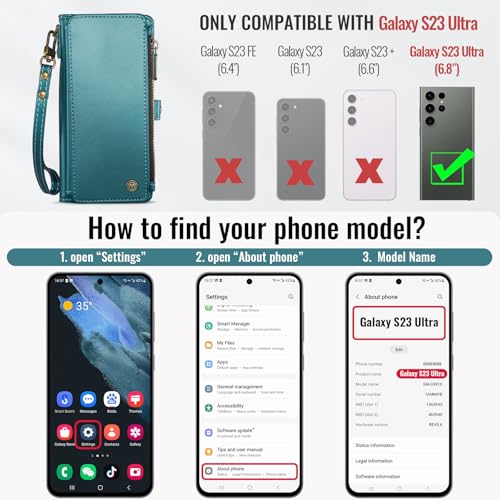 Defencase for Samsung Galaxy S23 Ultra Wallet Case with Card Holder, Green | Durable PU Leather, with RFID Blocking Zipper Pocket, Wrist Strap, S23 Ultra Flip Phone Cases Cover with Stand for Women Men - color: Fashion Blue Green