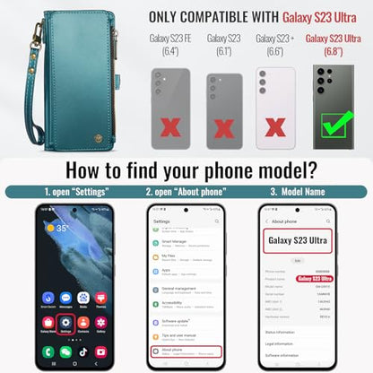 Defencase for Samsung Galaxy S23 Ultra Wallet Case with Card Holder, Green | Durable PU Leather, with RFID Blocking Zipper Pocket, Wrist Strap, S23 Ultra Flip Phone Cases Cover with Stand for Women Men - color: Fashion Blue Green