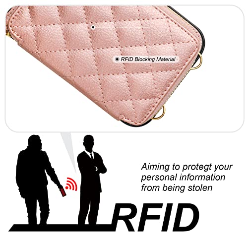 Bocasal Crossbody Wallet Case Card Holder for iPhone 13, Rose Gold | RFID Blocking PU Leather Zipper Handbag Purse, Kickstand Flip Folio Case with Card Slots Holder Wrist Strap Lanyard 6.1 Inch - color: Rose Gold