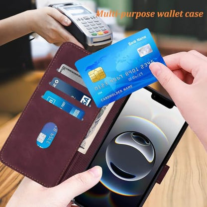 Flip Wallet Case for iPhone 17e/16e, Wrist Strap, Red | Embossed PU Leather, Detachable Wrist Strap, Card Slots, TPU Inner, Cash Pocket, Magnetic Closure, Stand, Precise Cutouts - color: Red