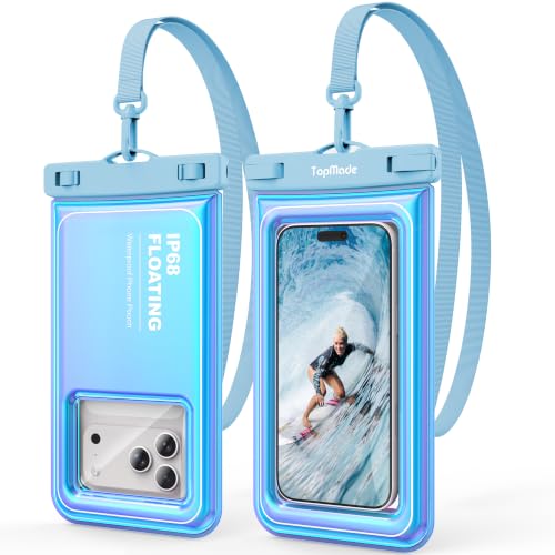 TopMade Floating Waterproof Phone Pouch, 2 Pack IP68 Waterproof Phone Case | Beach/Cruise/Travel Essentials, Detachable Lanyard, Waterproof Pouch for iPhone 17 16 15 Pro Max, Up to 7", Iridescent Blue - color: Blue