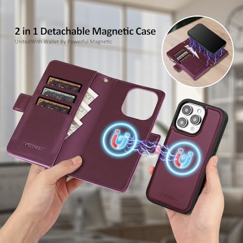 Antsturdy Compatible with MagSafe iPhone 14 Pro Wallet Case,Wine Red | Detachable Magnetic Credit Card Holder,RFID Blocking,PU Leather Zipper Purse,Wrist Strap Kickstand,Flip Phone Cover for Women - color: (Detachable with Magsafe)-Wine Red