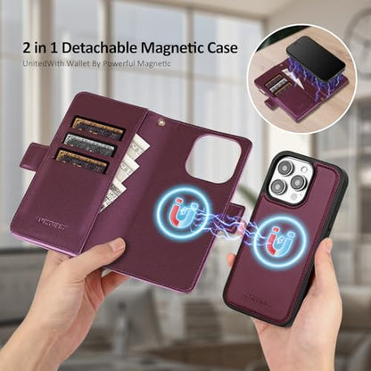 Antsturdy Compatible with MagSafe iPhone 14 Pro Wallet Case,Wine Red | Detachable Magnetic Credit Card Holder,RFID Blocking,PU Leather Zipper Purse,Wrist Strap Kickstand,Flip Phone Cover for Women - color: (Detachable with Magsafe)-Wine Red