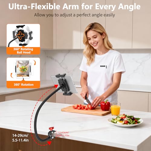 Gooseneck Tablet Holder, 19.69" Metal Crab Clamp iPad/iPhone Mount for Stroller/Treadmill/Golf Cart/Boat/Mic Stand/Gym Bicycle Handlebar Clamp/Desk, Compatible with 4-13" iPad Pro/Air/Mini/E-book