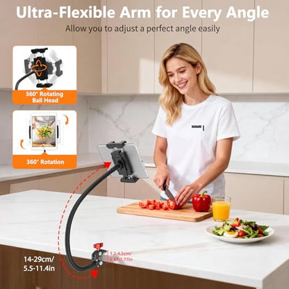 Gooseneck Tablet Holder, 19.69" Metal Crab Clamp iPad/iPhone Mount for Stroller/Treadmill/Golf Cart/Boat/Mic Stand/Gym Bicycle Handlebar Clamp/Desk, Compatible with 4-13" iPad Pro/Air/Mini/E-book