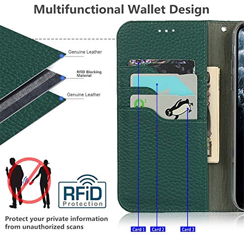 iCoverCase Compatible with iPhone 13 Pro Wallet Case, RFID Blocking Genuine Leather Magnetic Case with Wrist Strap and Card Slots Kickstand Feature Flip Cover 6.1 Inch (Green) - color: Green, size: iPhone 13 Pro