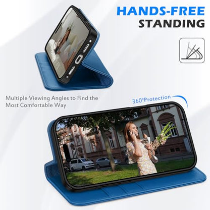 SHIELDON Genuine Leather Case Wallet for iPhone 17 6.3" 2025, Sapphire Blue | Folio Magnetic Closure, RFID Blocking, Credit Card Holder, Kickstand, Shock Absorbing Protective Cover for Men Women - color: Sapphire Blue