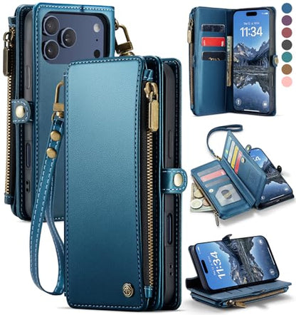 Defencase for iPhone 17 Pro Max Wallet Case with RFID Card Holder, Blue | Durable Soft PU Leather, with Zipper Pocket, Wrist Strap, Fashion Snap Flip Phone Cases Cover with Stand for Women and Men - color: Dark Blue