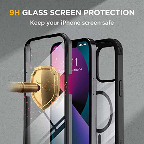 miracase for iPhone 13 Case 6.1'',Full-Body Magnetic Clear Bumper Case with Built-in 9H Tempered Glass Screen Protector,Military Drop Protection Outdoor Phone Case,Black | Full-Body Protection,Magnetic with MagSafe,Military-Grade Drop Protection Outdoor C
