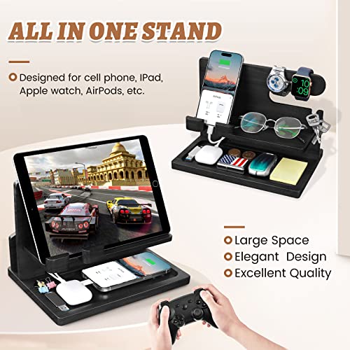 Gifts for Men Wood Phone Docking Station for Men Nightstand Organizer Gifts for Dad Charging Station Cell Phone Stand Desk Organizer Gifts for Husband Boyfriend Brother Son (Black)