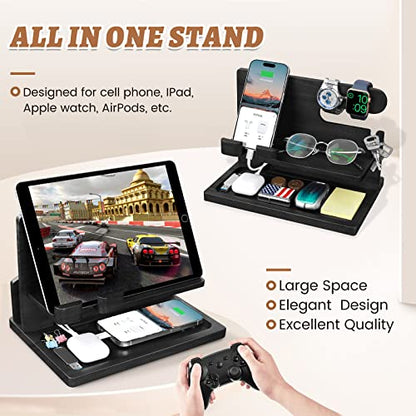 Gifts for Men Wood Phone Docking Station for Men Nightstand Organizer Gifts for Dad Charging Station Cell Phone Stand Desk Organizer Gifts for Husband Boyfriend Brother Son (Black)