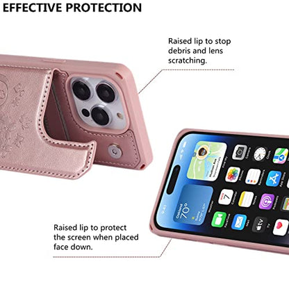iCoverCase Compatible with iPhone 14 Pro Wallet Phone Case with Card Holder for Women, RFID Blocking Embossed PU Leather Wrist Strap Case 6.1 Inch (Heart Rose Gold) - color: H-Rose Gold